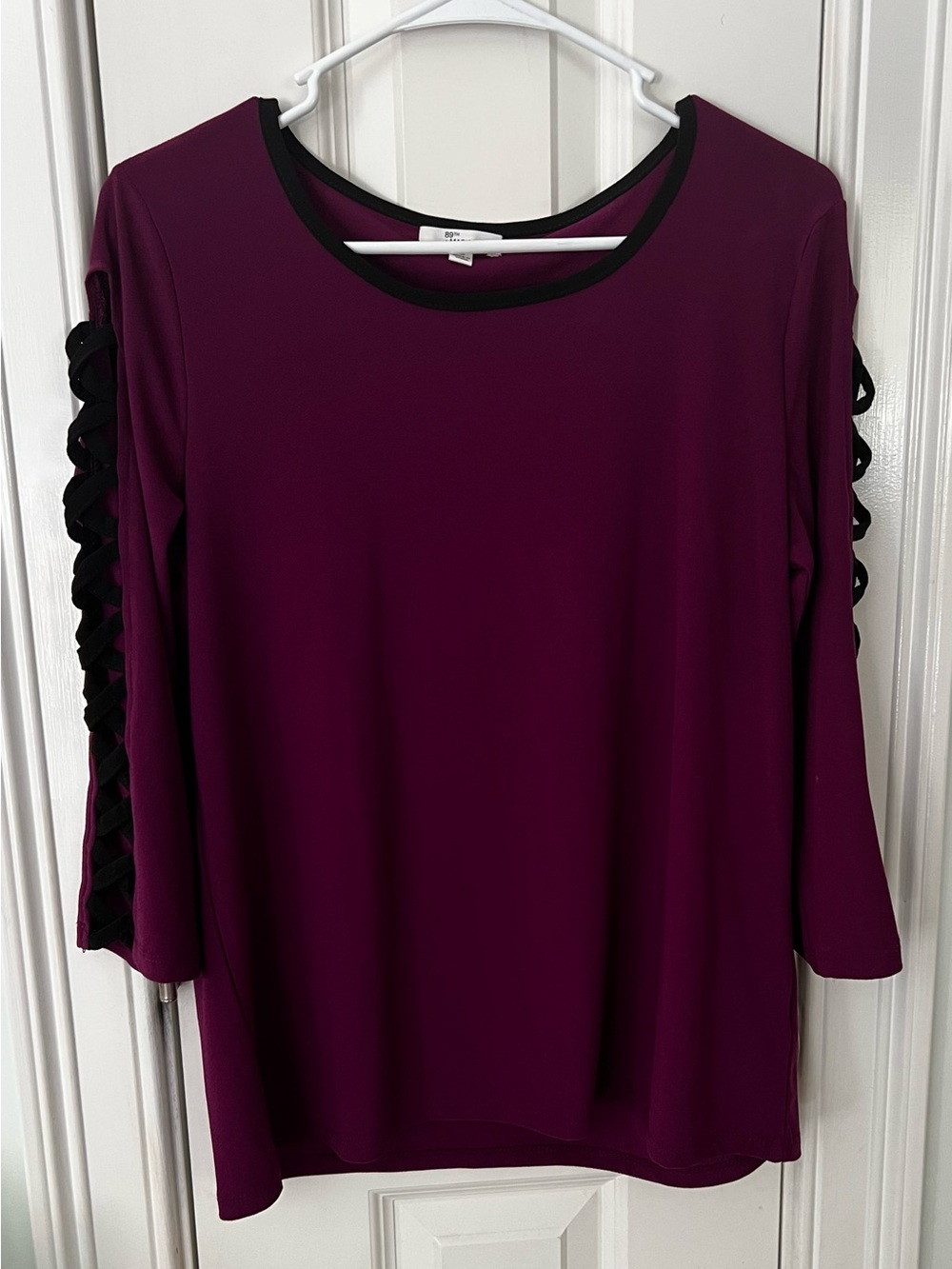 Madison Plum Long Sleeve Scoop Neck Top with Black Lattice Sleeves